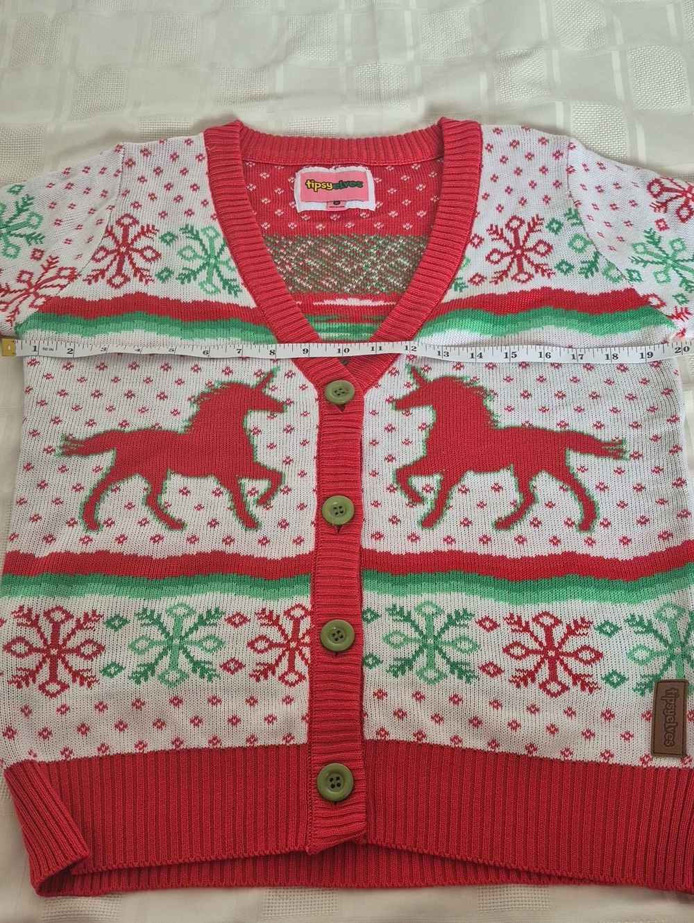 Tipsy Elves Red, Green & White Unicorn Holiday Cardigan - Picture 11 of 16